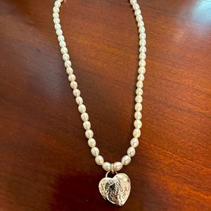 Faux Pearl necklace, silver heart pendant 925 Silver